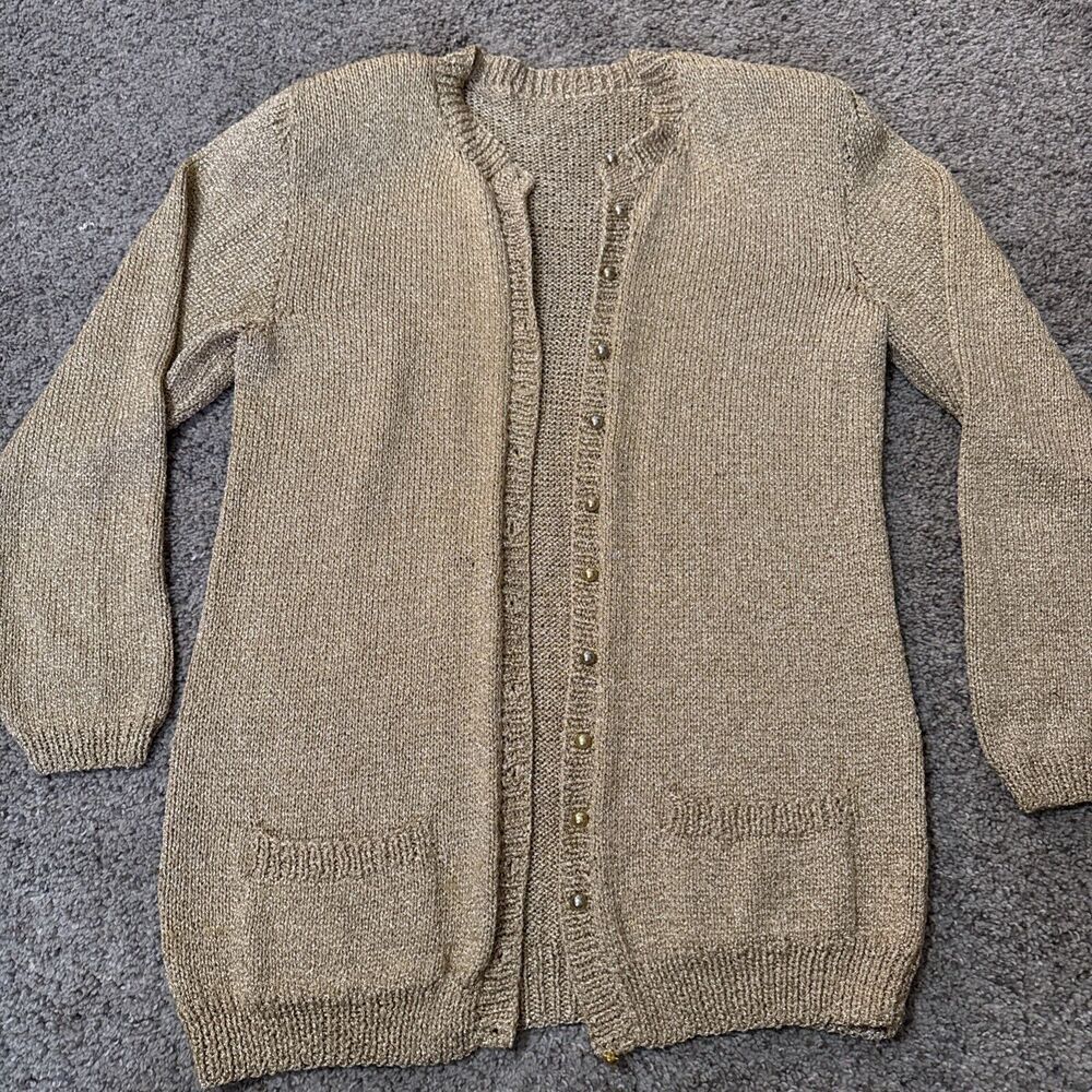 Womens Vintage‎ 70s Handmade Knit Gold Metallic Open Front Cardigan Festive Chic